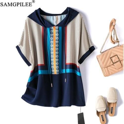 Summer Blouses Women 2021 New Kroean Style Hooded Collar Geometric Patchwork Raglan Short Sleeve Thin Chiffon Tops Plus Size 4XL
