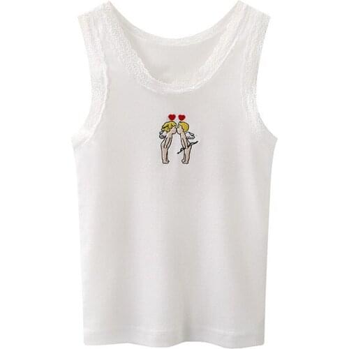 Sweet Women Soft Cotton O Neck Sling 2021 Summer Fashion Ladies Cute Bow Lace Vest Female Solid Color Short Vest Top