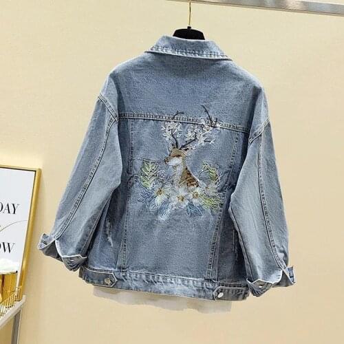 Fashion Embroidery Animal Harajuku Denim Jacket Women Single Breasted Pockets Vintage Short Caot Female Bomber Jeans Jackets