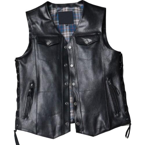 Mens Motorcycle Biker Leather Vest Male Goatskin Genuine Leather Sleeveless Jackets V Neck Adjustable Black Sheepskin Waistcoat