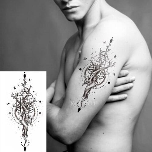 Waterproof Temporary Tattoo Sticker Bird Birdcage Dead Tree Circle Geometry Element Fake Tatoo Flash Tatto Art for Women Men