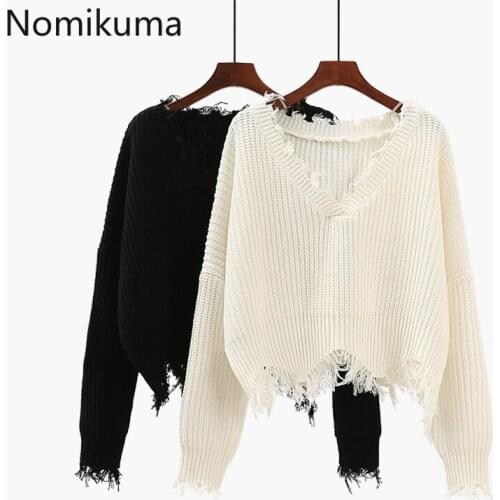 Nomikuma V Neck Long Sleeve Sweater Women Tassel Casual Loose Knitted Pullover Jumpers Autumn New Tops Ladies Sueter Mujer 3d379