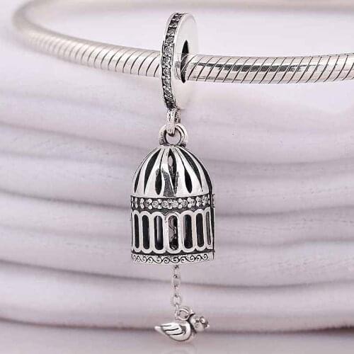Original Vintage Openwork Birdcage Floating Bird Pendant Bead Fit 925 Sterling Silver Charm Bracelet Bangle Diy Jewelry