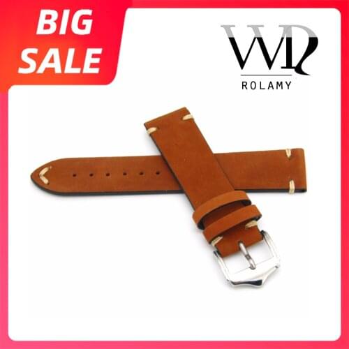 Rolamy 20 22mm Top Real Calf Suede Luxury Leather Handmade Orange Brown Watch Band Silver Steel Buckle For Diesel Tissot Rolex