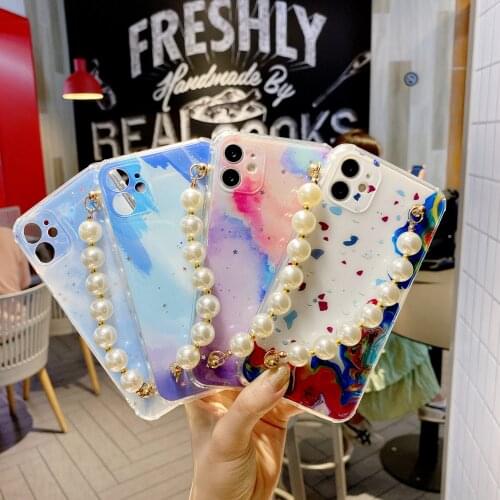 Resin Pearl Wrist Chain Thick Color Case for iPhone 12 Pro Max Back Phone Cover for 12 11 Pro Max X XS XR 8 7 Plus SE 2020