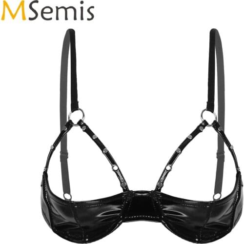 Sexy Black Shiny Patent Leather Erotic Lingerie Bra with Rivet Strap and Underwire No Pad Open Cup Bra