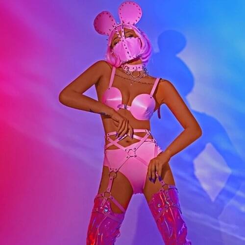 Sexy Pink Bikini dance costume Nightclub Bar Female Dj Singer Rave Headdress Sexy Jazz Dance Outfit stage show wear