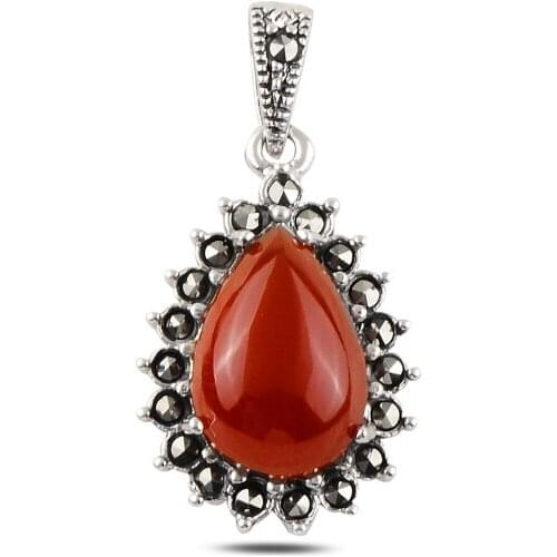 Silver 925 Sterling Red Agate & Marcasite Pendant