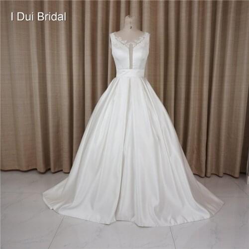 Wedding Dresses Illusion Tulle Lace Neckline Satin Elegant Lace Up Back Chapel Train Factory Custom Make Real Photo