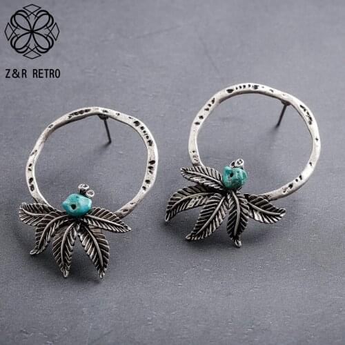 Vintage Leaf with Blue Bead Drop Decorative Earrings Suspension Hanging Pendientes Trend Korean Unusual Thing Accessories brinco