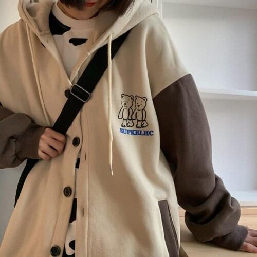 Harajuku Oversized Sweatshirt Streetwear Women Print Letter Zip Up Hoodies Student Plus Size Korean Outwear Chic Bear Loose Tops