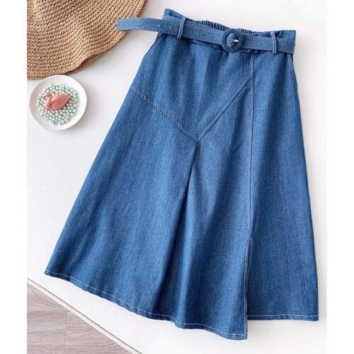 Wasteheart Spring New Blue Skirts Women Fashion Mid-calf Length Skirt All-match Cotton Clothing Sexy A-Line Solid Skirts Sashes