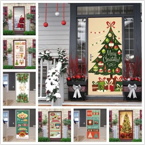 X'mas Christmas Tree PVC Door Stickers Peel and Stick Wallpaper Doors 3D Waterproof Home Design Decor Mural Decals For Kids Room