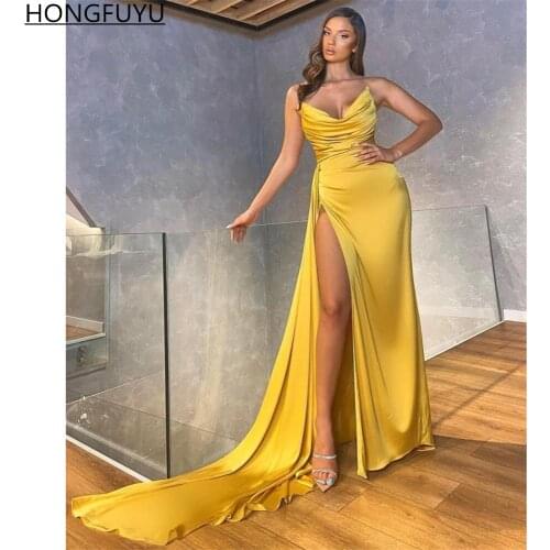 HONGFUYU Yellow Sexy V Neck Formal Evening Dress Side Slit Prom Dresses Dubai Celebrity Party Gowns vestido de fiesta de boda