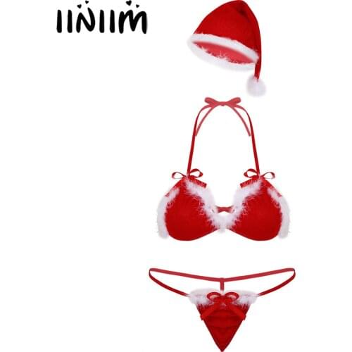 Womens Babydoll Red Velvet Christmas Sexy Lingerie Sets Halter Neck Bikini Bra Top with G-string Thong Panties Underwear and Hat