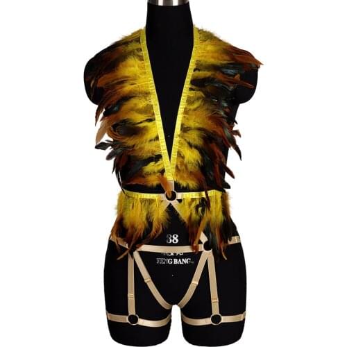 Feather Lingerie Set Pastel Goth Womens Fashion Cage Bra Bondage Belt Body Harness Elastic Straps Bra Festival Rave Wear