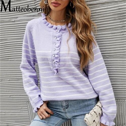Womens Stripe Loose Sweaters Autumn Long Sleeve Ladies Solid Frills O Neck Jumper Casual Knitted Tops Buttons Female Pullover