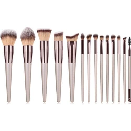 14pcs Wood Handle Champagne Professional Makeup Tools Concealer Blusher Eye Shadow Face Makeup Brush Set