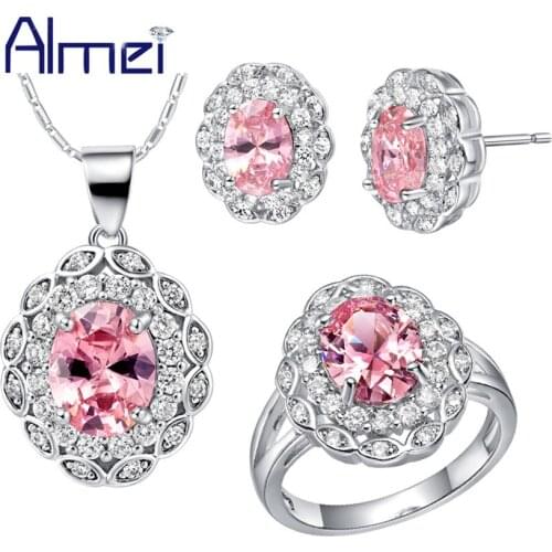 Almei Silver Color Pink Jewellery Set Big Blue Crystal Necklaces Jewelry for Women Wedding Bridals Conjuntos De Bijuterias T491