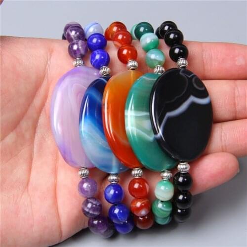 Natural green blue purple orange agates stone beads beaded bracelet Black rope woven stripe agat pendant bracelet for women gift