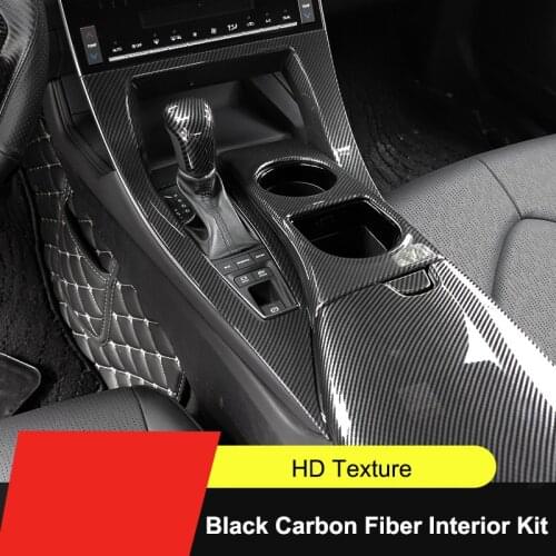 QHCP Carbon Fiber Black Car Gear Head Knob Cover Door Bowl Handle Steering Wheel Button Frame Interior For Toyota Avalon20182019