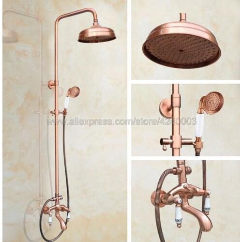 Antique Red Copper Bathroom Rain Shower Faucet Set 8''Rainfall Shower Head With Hand Shower Sprayer Double Cross Handles Krg534
