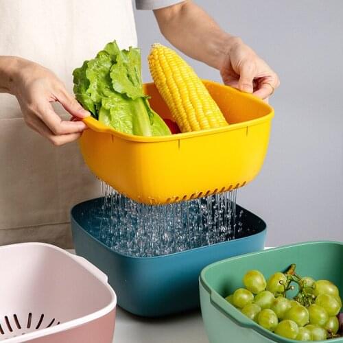 Kitchen Drain Box Basket Bowl Rice Washing Vegetable Fruit Basket Sieve Colander Plastic Double Layer Drainer Sink Strainer New