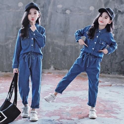Teens Boy Girls Overall Suit Casual Blue Thin Denim Pocket Tops Jeans 2pc 4 To 14 Year Children Tracksuit Outfits Clothing Sets