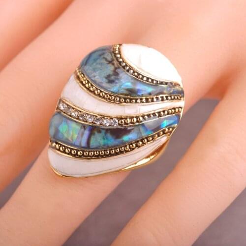Enamel Esmalte Abalone Shell Rings Gold Color Crystal Finger Ring Bague Aneis Big Oval Shaped Sea Shell Rings For Wedding Women