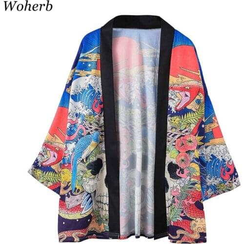 Woherb Summer Japanese Harajuku Kimono Skull Print Vintage Blouse Sunscreen Yukata Cardigan Jacket Women and Man Shirt 21300
