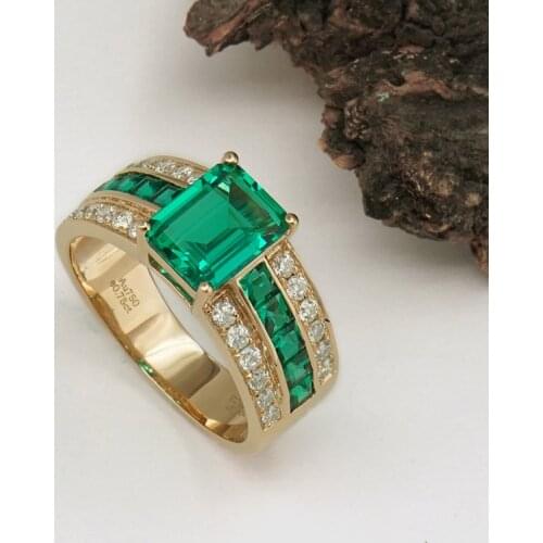 Lab Grown Colombia AAA Solid 14K Yellow Gold 2ctw Green Emerald Cut Moissanite Ring Fine Gold Jewelry For Women