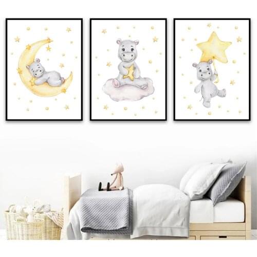 Cartoon Hippo Animal Prints Cloud Star Moon Canvas Poster Nursery Wall Art Print Painting Nordic Wall Pictures Baby Room Decor
