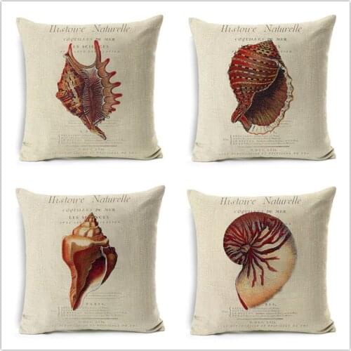Hand Painted Retro Shell Cushion Cover For Sofas Seahorse Navy Blue Animal Pillow Polyester Cotton Linen Cojines Almofada