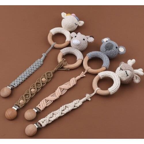 2021 NEW Handmade Cotton Rope Baby Pacifier Clip Chain Beech Wood Pacifier Clip Soother Holder Infant Teething Chain