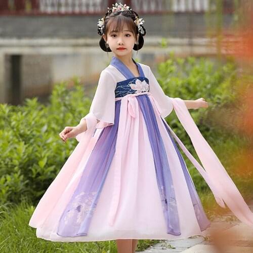 New Lotus Embroidery Girls Dresses Kids Wedding Party Chinese Style Hanfu Gown Princess Evening Dress kids Elegant Long Dress