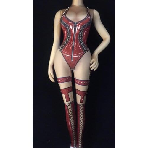 New Nightclub Bar Singer DJ Dance Team 3D Print Red Black Rivet Skinny Jumpsuit Costume Hosting Show Party Birthday Celebration