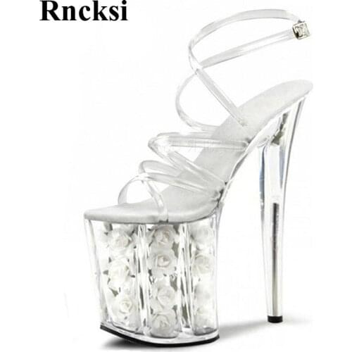 Rncksi 8 inch sexy clear platform sandals white flowers for wedding shoes fashion 20cm transparent dress high heels Shoes