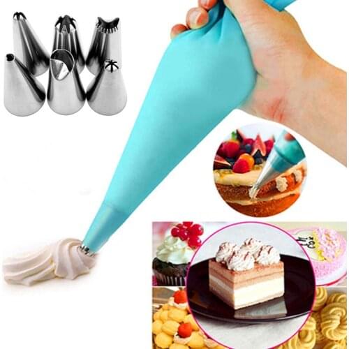 Silicone Icing Piping Cream Pastry Bag + 6 Stainless Steel Cake Nozzle DIY Cake Decorating Tips Fondant Pastry Tool