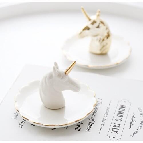 Nordic Unicorn Gold Ceramic Ring Holder Trinket Dish Personalized Bridesmaid Gift Dresser Vanity Jewelry Storage Home Room Decor