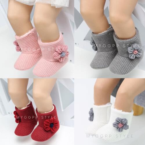 Newborn Autumn Winter Baby Girls Boys Warm Boots Flowers Knit Solid Hook Ankle Length Baby Shoes