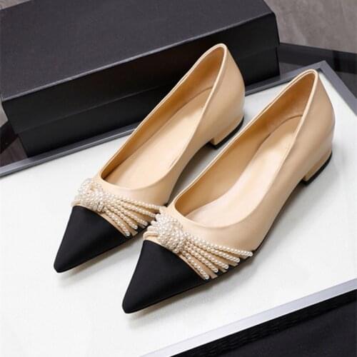 Fashion Flat Shoes Women 2021 Spring New Pearl Bow Pointed Toe Womens Shoes Black Flats Large Size Ladies Shoes Zapatos Mujer