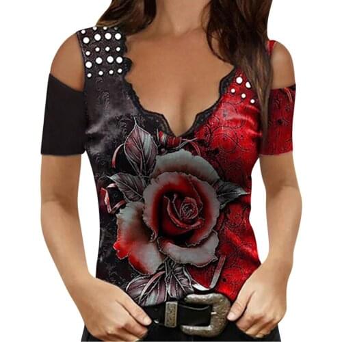Femme Sexy Lace-up Off the Shoulder Blouses Summer Floral Print V-Neck Sequined Shirts Vintage Short Sleeve Blusas Slim Fit Tops