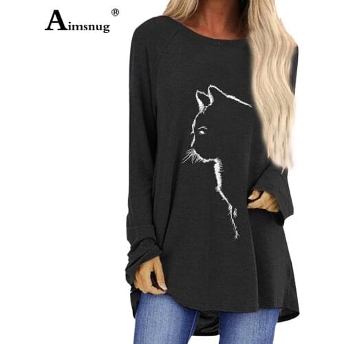 Women Model Cat Print Basic Tops 2021 Spring Autumn New Female Long T-shirt Ladies Casual Loose Tees Shirt Plus Size S-5XL