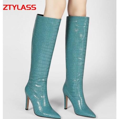 Women Boots Print Pu Leather Knee High Boots Pointed Toe High Heel Long Boots Slip On Autumn Winter Shoes Female Black Beige