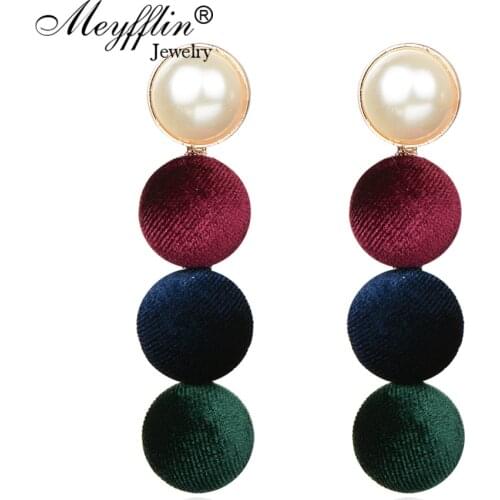 Meyfflin Fashion Simulated Pearl Velvet Ball Earrings for Women Statement Long Earring Female Dangle Jewelry Brincos Gifts