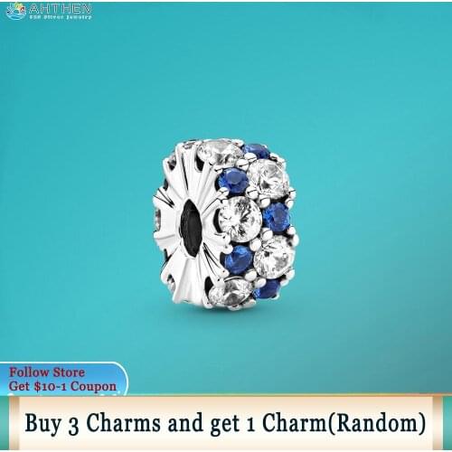 Ahthen 925 Sterling Silver Clear & Blue Sparkling Clip Charms fit Original Pandora Bracelets for Women Jewelry Making Gift