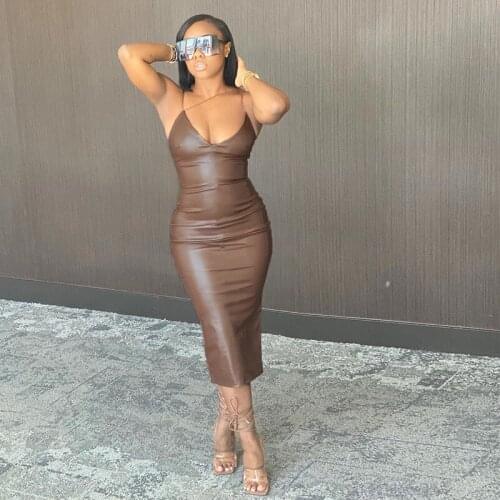 Women Summer One Shoulder Sleeveless PU Bodycon Whole Sale Items Brown Dress Midi Elegant Vestidos Corset 2021 Female Clothing
