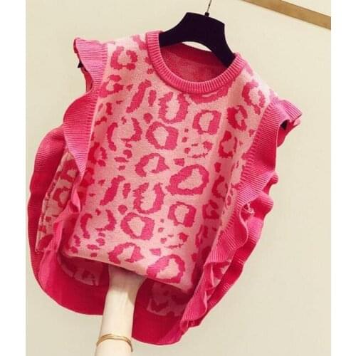 O-neck Leopard Pattern Knitted Sweater Vest Women Loose Sleeveless Fashion Short Pullover Sweater Vest Female Spring Autumn 2021