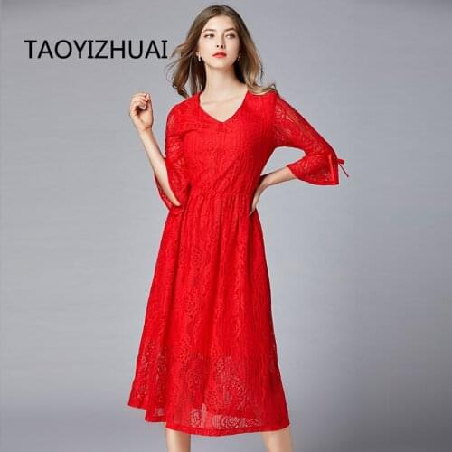 V-neck sexy lace dress European and American spring and autumn new horn sleeve aging red versatile elastic waist skirt