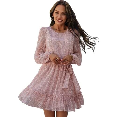 Boho Ruffles Floral Print Chiffon Dress Womens Spring Summer O Neck Long Sleeve Elastic Waist Sashes Casual Short Dresses Femme